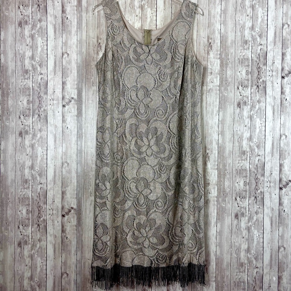 Ashley Stewart Metallic Crocheted Sleeveless Flapper Dress Fringe Hem Size 22